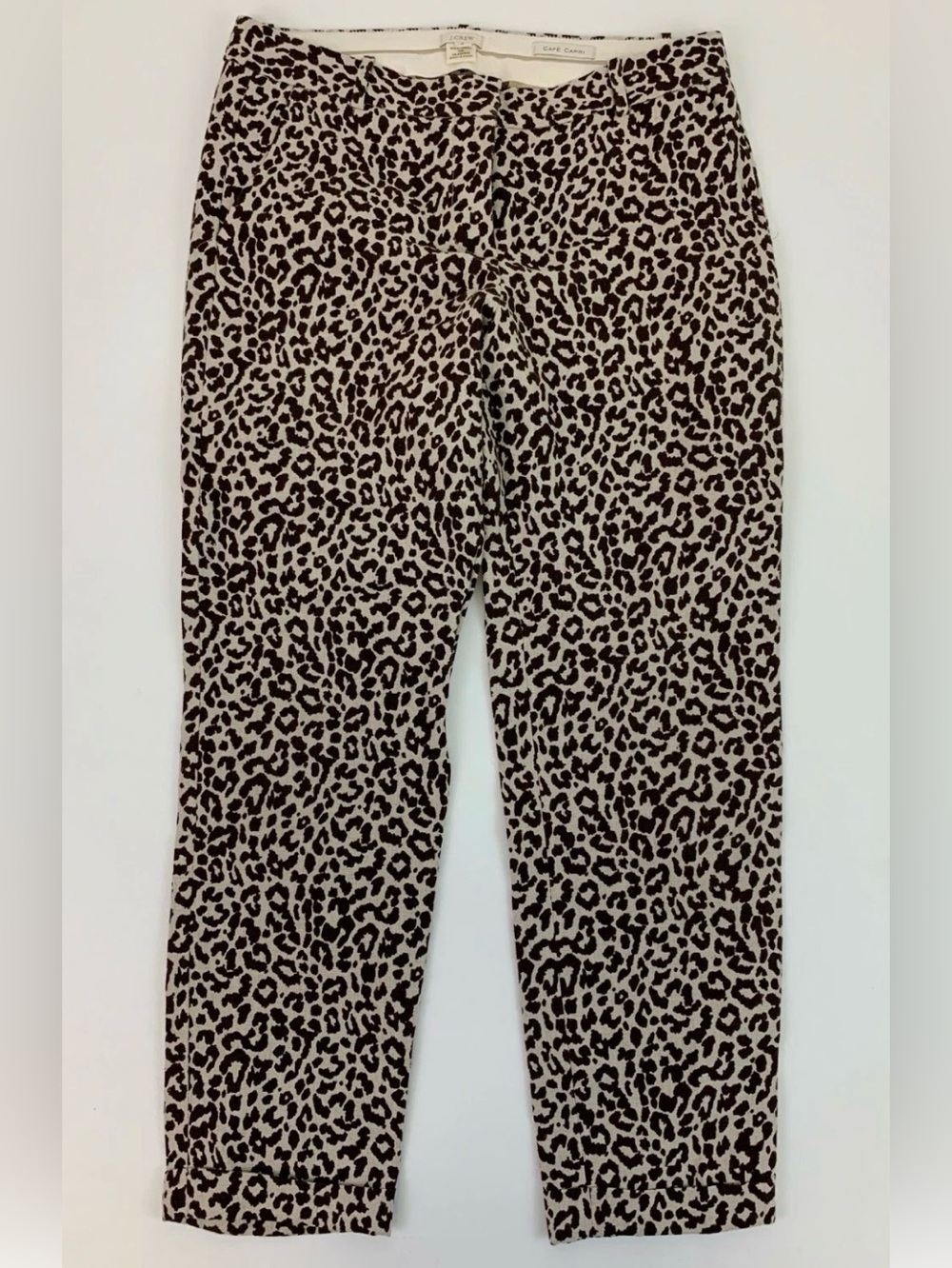 J.Crew Cafe Capri Cheetah Print Cuffed Leg Pant, 100% Linen, Size 6